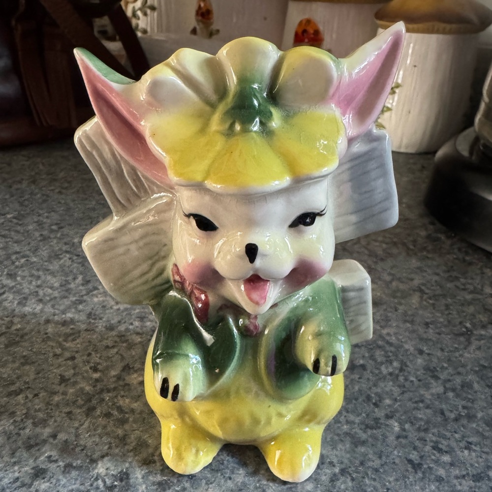 Vintage 1940-50’s Colorful Ceramic Bunny Rabbit Vase Planter